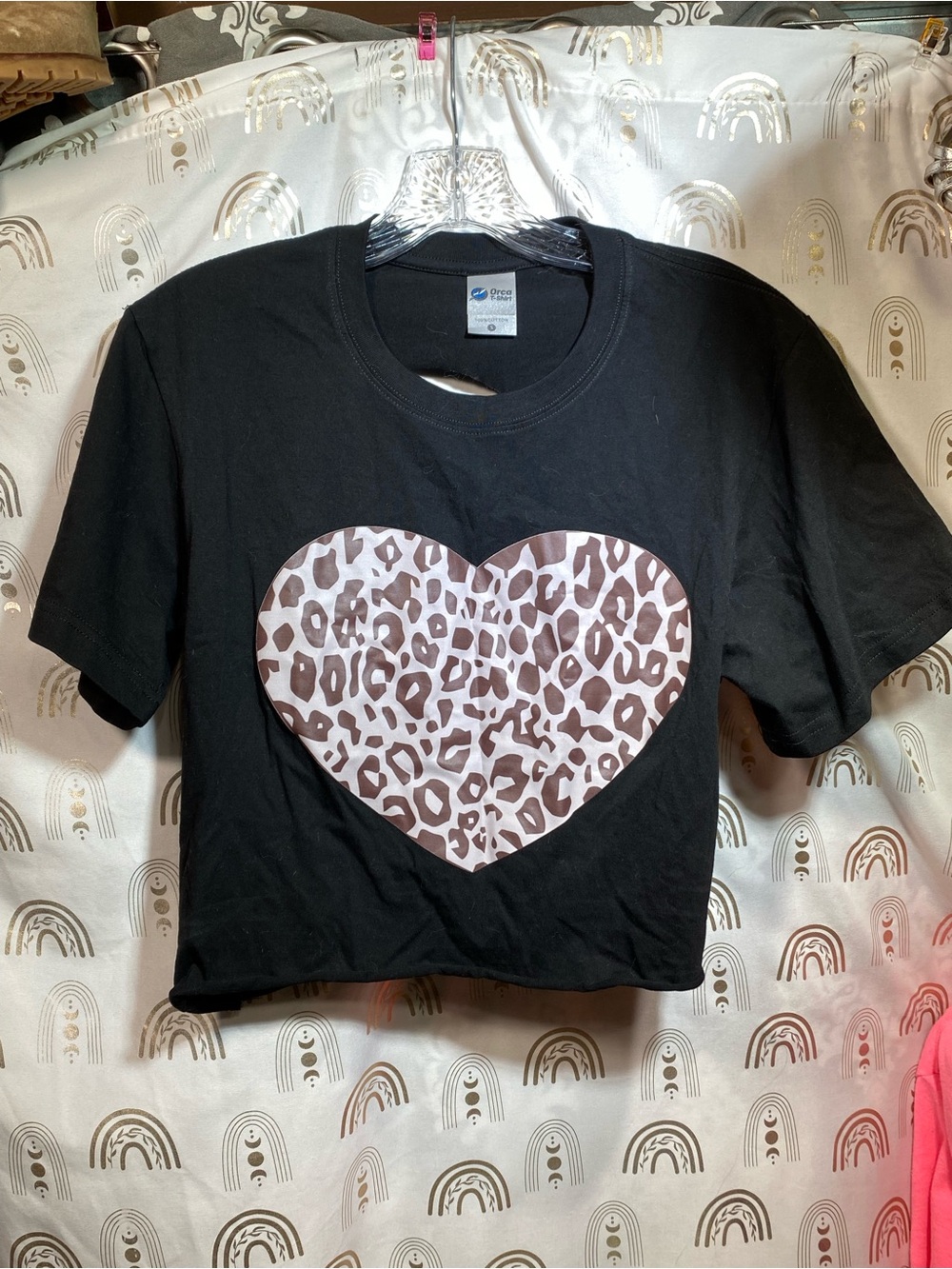Up Cycled Black Crop Top with Leopard Heart Graphic